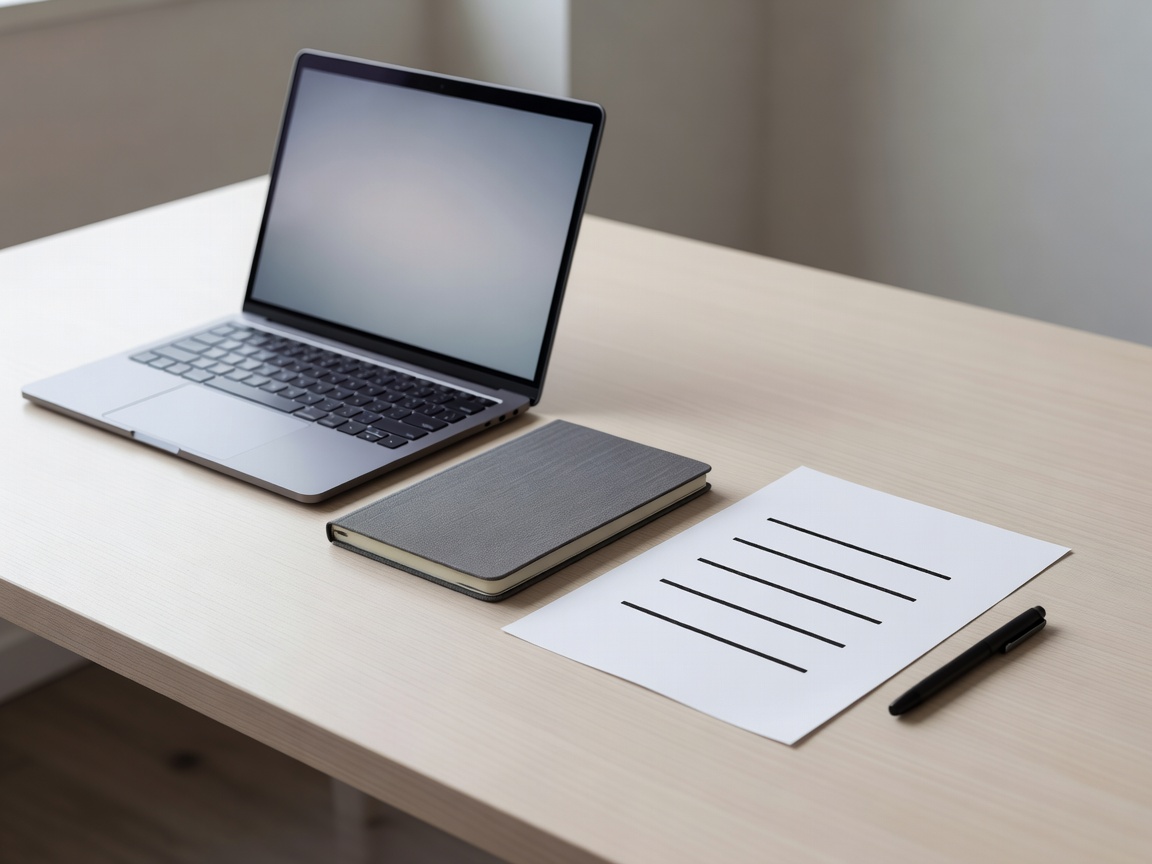 An orderly workstation with a fictional onboarding checklist and an open notebook