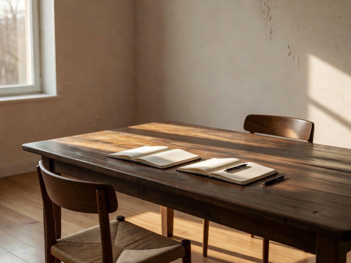 A quiet collaboration space with a shared table, notebooks and warm directional light