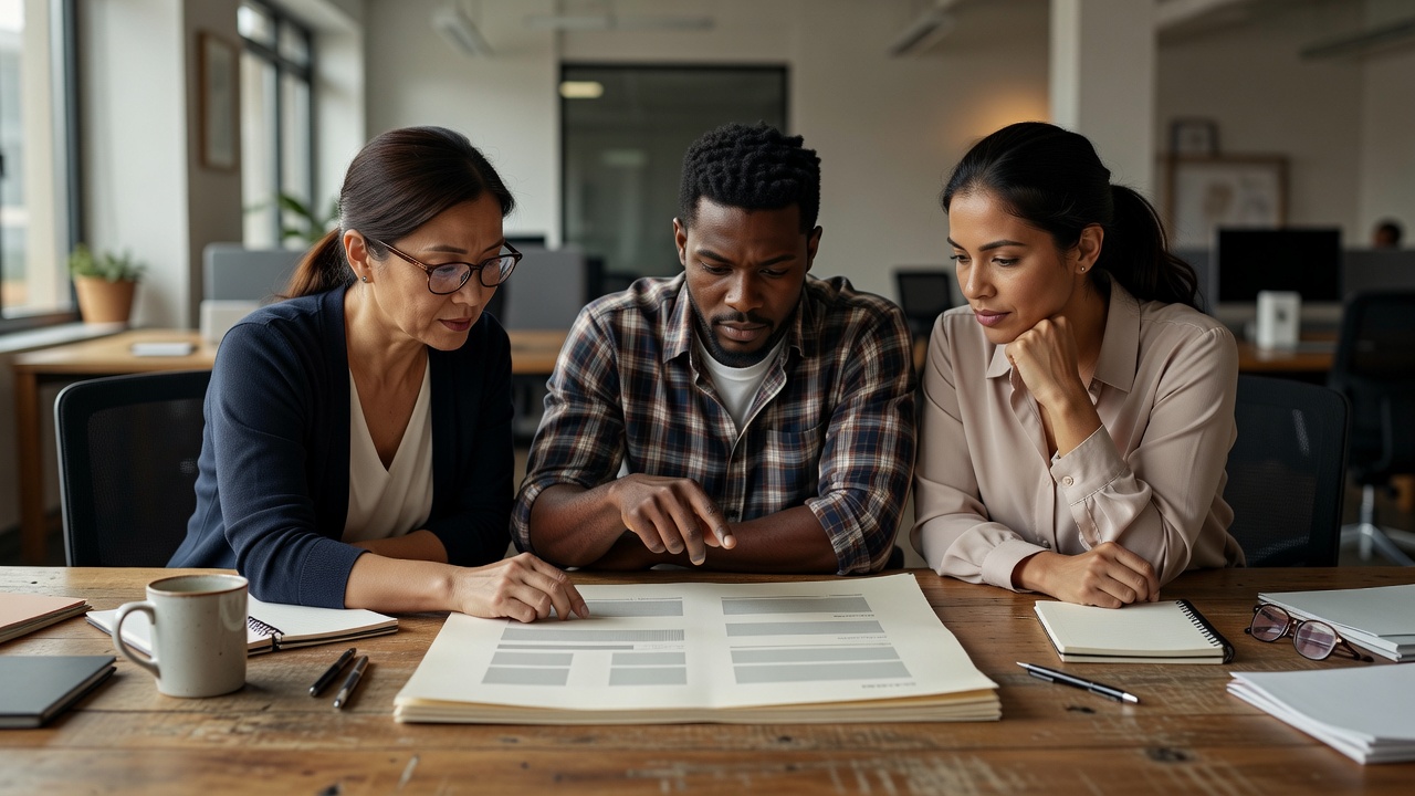 Coworkers checking a fictional document together at a quiet shared desk