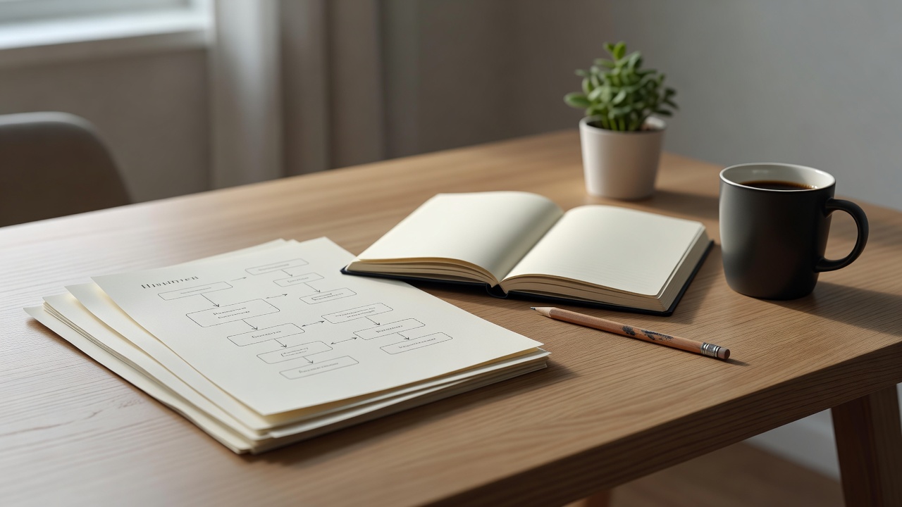 Fictional workflow handover notes arranged beside a notebook on a quiet desk